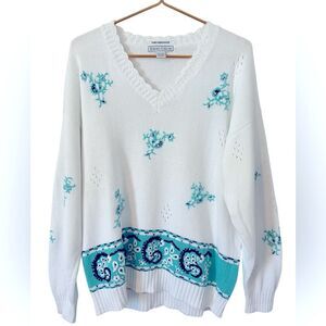 Hand Embroidered Vintage Izod Club 100% Cotton Knit Sweater,‎ Woman’s Size XL
